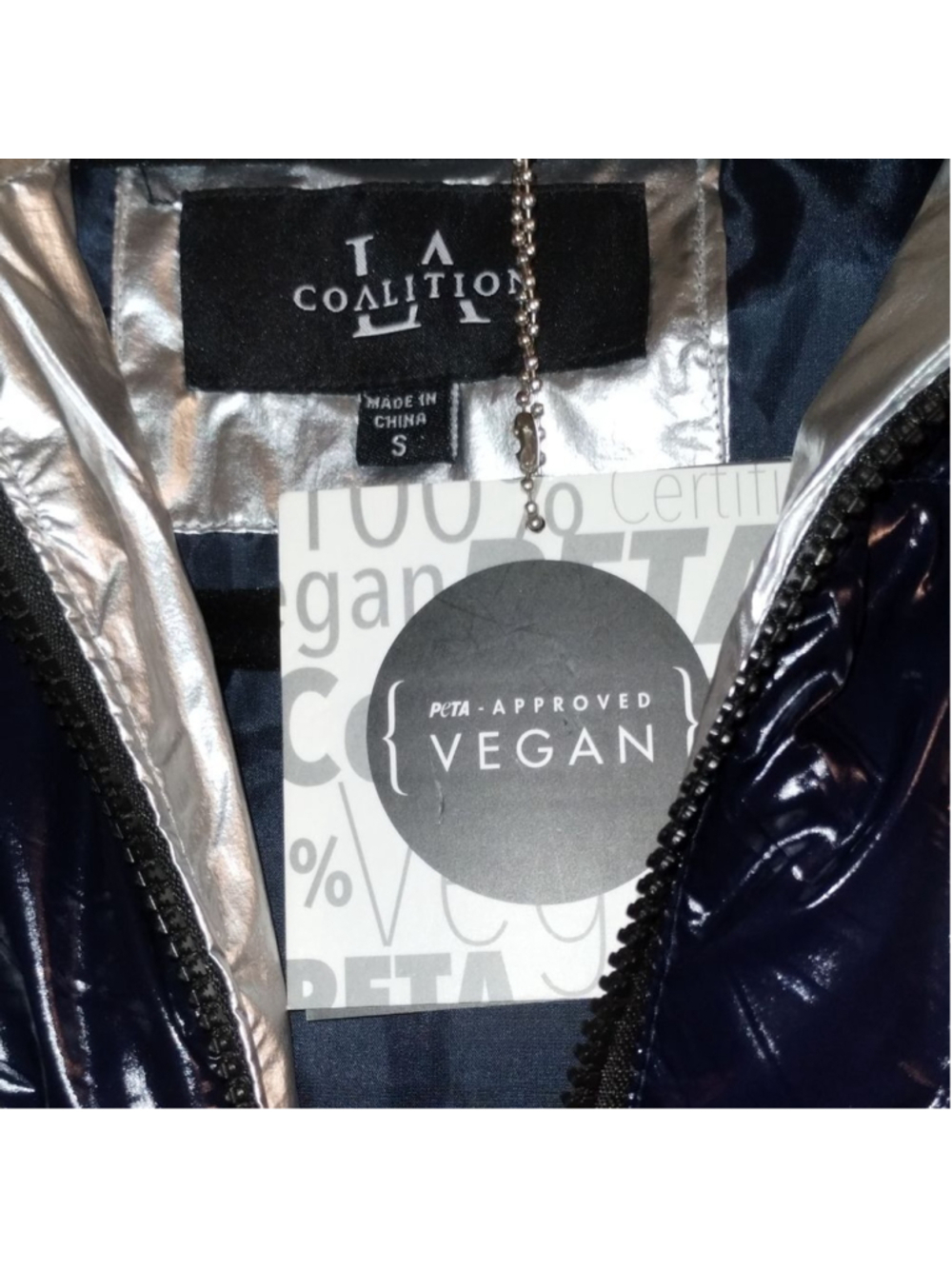 New Navy Blue & Silver Vegan Puffer Jacket Quilted LA Coalition-NWT - Picture 12 of 13